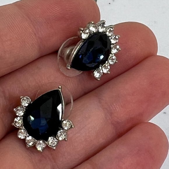 Rhinestone Earrings Teardrop Blue Stud‎ Big Statement Silver Tone - Picture 2 of 4